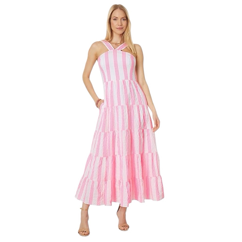 Lilly Pulitzer Jenette Havana Pink Seersucker Striped Halter Sails&Stripes Dress